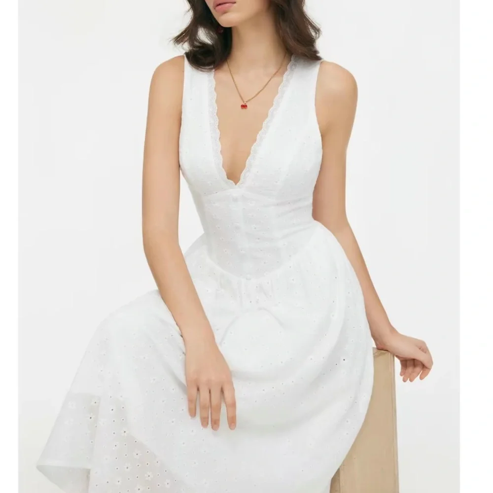 Cider Cotton V Neck Broderie Anglaise Floral Lace trim Midi dress XXS - Picture 3 of 4